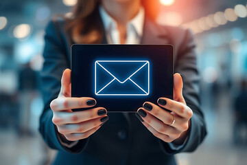 woman hands holding an email envelop icon. virtual postal envelope, internet and networking concept.