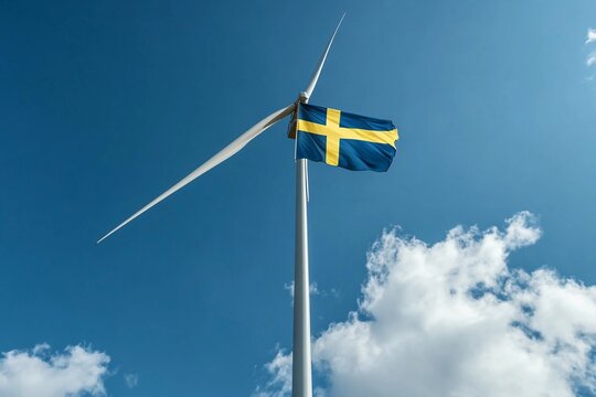 Swedish flag flying on a wind turbine in a renewable energy field
