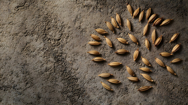 A close-up of cumin seeds arranged neatly on a textured, neutral surface, showcasing their unique shape and natural color.