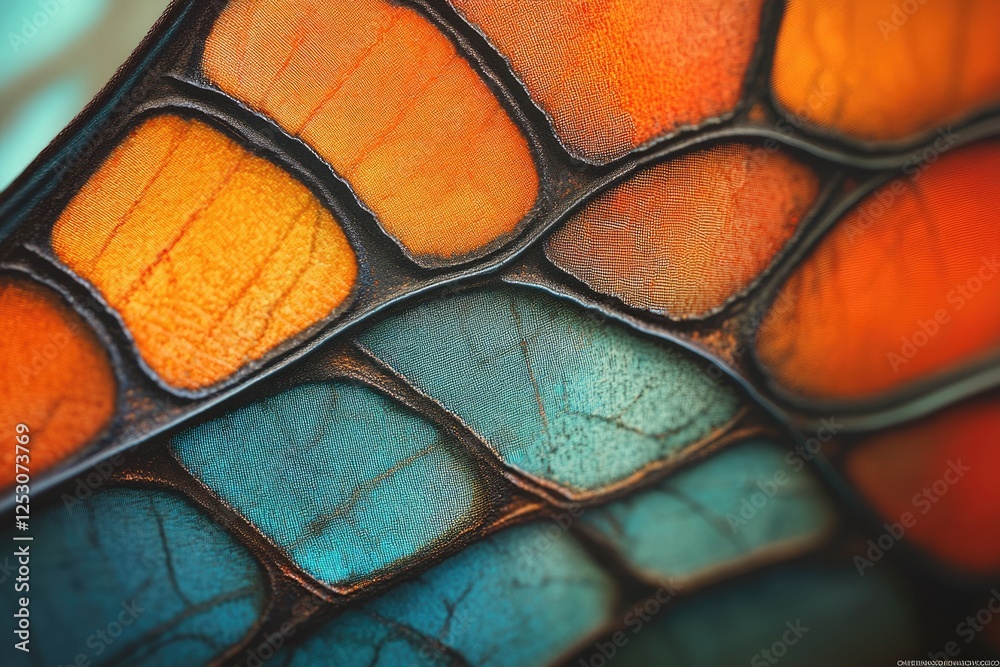 Poster close-up of vibrant, textured insect wing; intricate pattern of orange and teal scales.