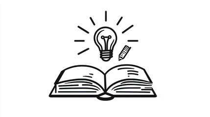 Open book with lightbulb and pen, idea concept, education, knowledge