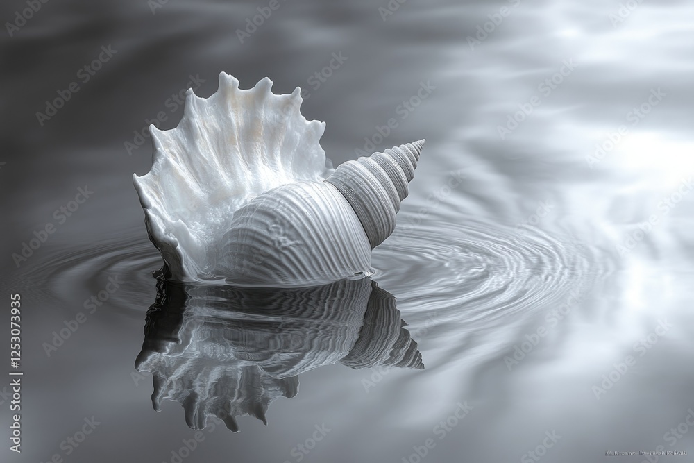 Poster a large white seashell floats gently on calm water, creating ripples.