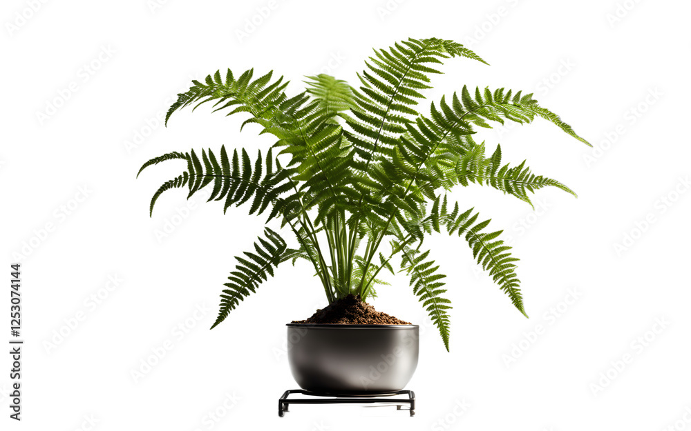 Poster a small potted fern placed on a sleek metal stand on a empty plain background