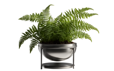 A small potted fern placed on a sleek metal stand on a empty plain background