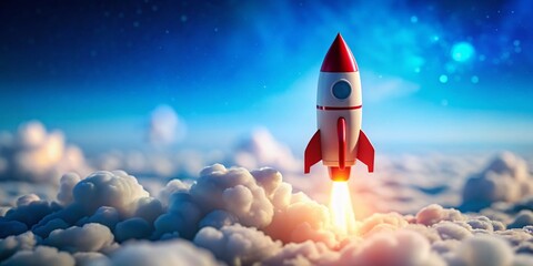Miniature Red & White Rocket Soaring Through Clouds: Tilt-Shift Stock Photo