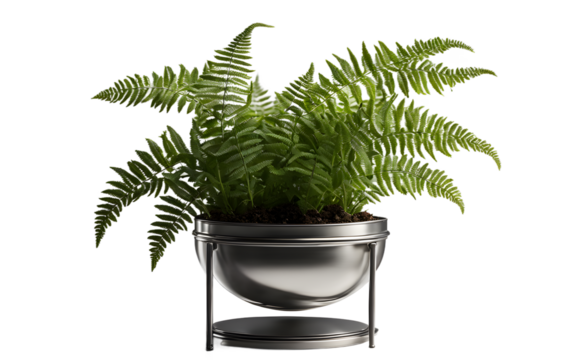 A small potted fern placed on a sleek metal stand on a empty plain background