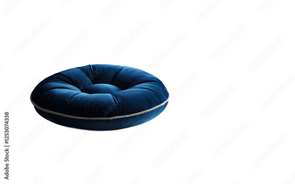 Poster A soft velvet floor cushion in a deep blue shade on a empty plain background