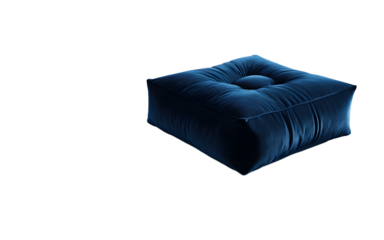 A soft velvet floor cushion in a deep blue shade on a empty plain background