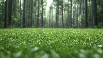 Fototapeta premium Lush green grass grows in a sunny forest clearing during a bright summer day.