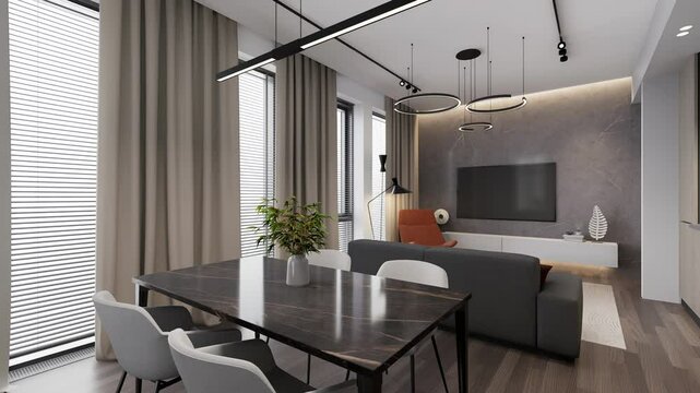 Luxurious open plan studio apartment with modern furnishings. 3d render