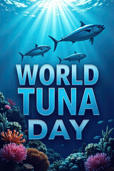 A vibrant and dynamic banner for World Tuna Day, featuring a school of tuna swimming gracefully in the deep blue ocean, surrounded by coral reefs and marine life.