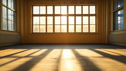 sunlit empty apartment with large windows casting shadows on floor, creating warm and inviting atmosphere. natural light enhances spaciousness of room