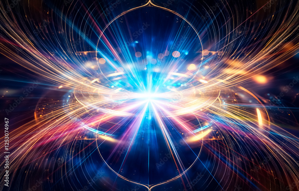 Poster abstract image featuring a bright, glowing light source surrounded by blurred colorful streaks of li