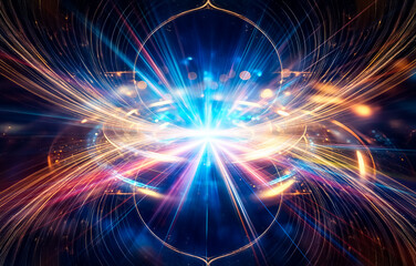 Fototapeta premium Abstract image featuring a bright, glowing light source surrounded by blurred colorful streaks of light.