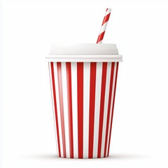 A realistic illustration of a red and white striped disposable cup with a white lid and straw, featuring a glossy surface and set against a clean white background.
