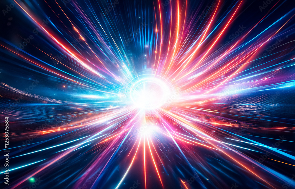Poster abstract digital art of colorful light streaks radiating from a central point.