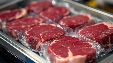 Close-up of packaged raw beef steaks on a conveyor belt in a food processing plant