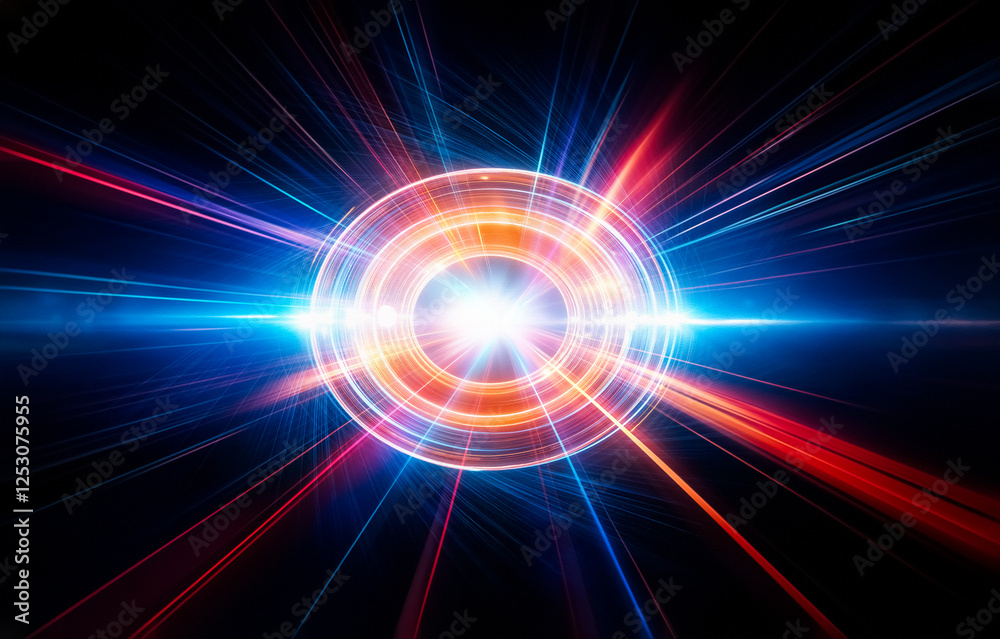 Poster A dark background with colorful light streaks converging to a point.