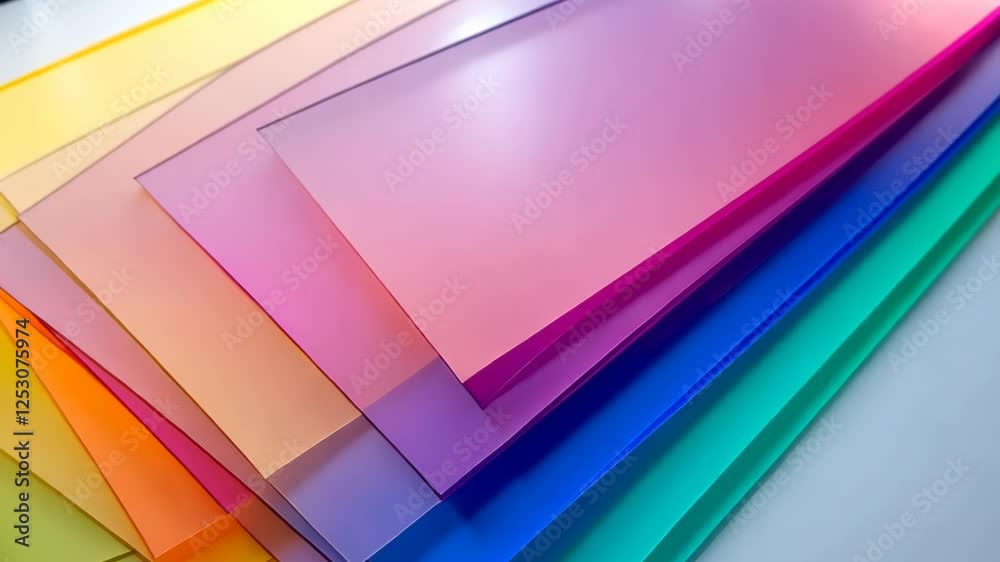 Poster vibrant layers of colored transparency create a mesmerizing display of hues in artistic arrangement.