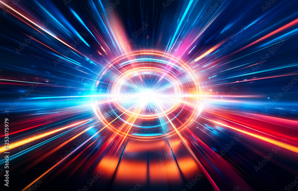 Poster Abstract background with multicolored, glowing lines radiating outwards from a central point on a dark blue background.