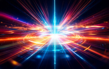 Obraz premium Abstract digital art with streaks of light in various colors converging at the center, creating a dynamic and energetic effect.