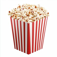A realistic illustration of a red-and-white striped popcorn box overflowing with fluffy popcorn, set against a white background with high clarity and detailed texture.