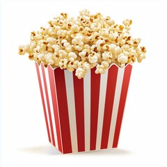 A realistic illustration of a red-and-white striped popcorn box overflowing with fluffy popcorn, set against a white background with high clarity and detailed texture.