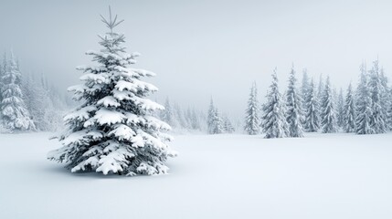 Snowy Fir Tree in Winter Forest