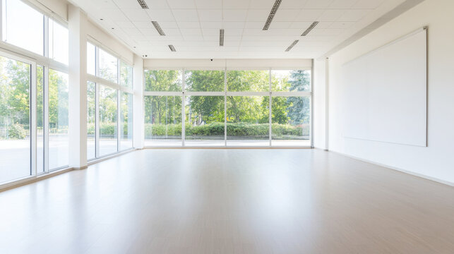 empty room with large windows, bright natural light, and smooth floor creates serene atmosphere. space is ideal for various activities or events