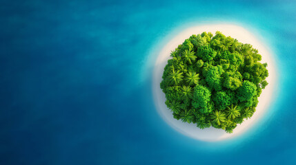 Aerial view of a lush green island surrounded by vibrant blue waters. The dense foliage showcases the beauty of nature, symbolizing tranquility and environmental conservation.