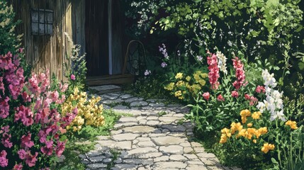 Obraz premium Delicate snapdragons tracing a cobblestone path to a cozy backyard shed, hand-drawn with fine detail