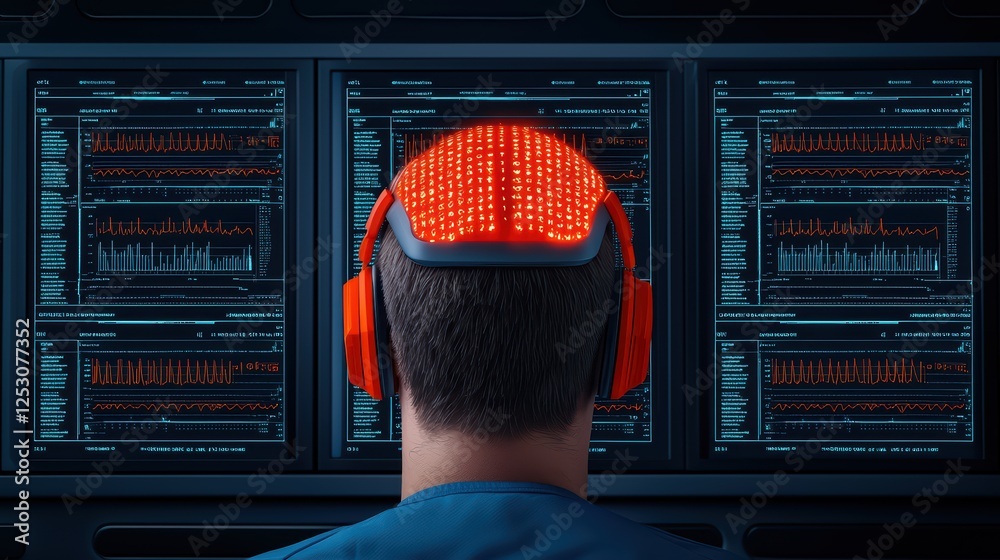 Poster man using advanced neural interface in futuristic tech environment