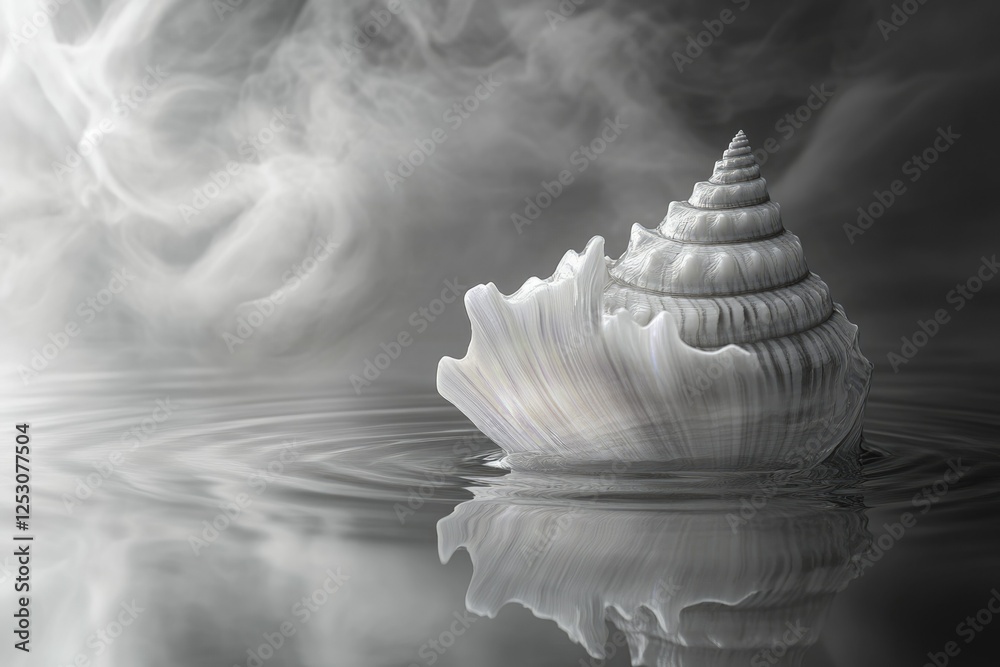 Poster A grayscale image of a seashell resting on calm water, with ethereal smoke in the background.