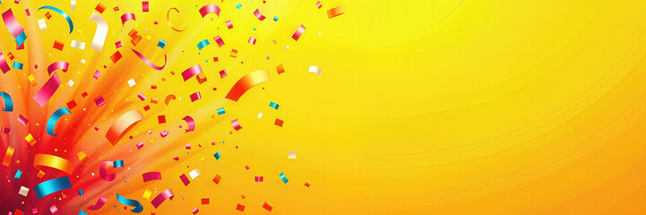 Dynamic image of colorful confetti and streamers bursting on a bright yellow background, evoking a festive birthday atmosphere.