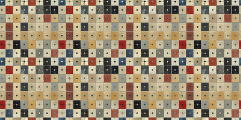 Fototapeta premium Vintage ceramic tile wall with geometric patterns in various colors