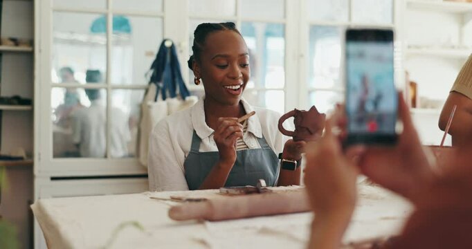 Happy woman, teacher and ceramic with live recording for video tutorial, vlog or pottery course at workshop. Female person, instructor or artisan with clay mold for online lesson or virtual art class