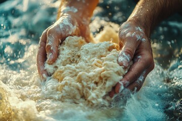 Hands kneading dough, water splashing, floury texture, bread making process.