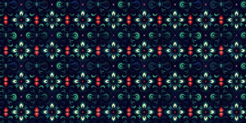 Floral pattern with symmetrical design and vibrant colors on dark background