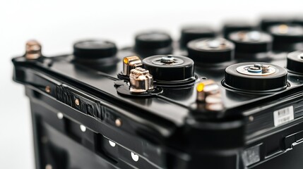 High-quality close-up of a black car battery with metallic terminals against a pure white backdrop