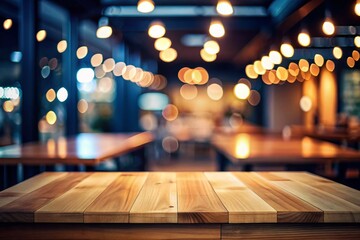 Minimalist Empty Wooden Tabletop in Dark Blue Cafe - Perfect for Product Display
