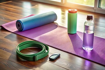 Naklejka premium Minimalist Fitness Tracker & Gym Essentials: Photorealistic Stock Image