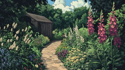 Obraz premium Lush snapdragons framing a curved garden trail ending at a shed, intricate hand-drawn illustration