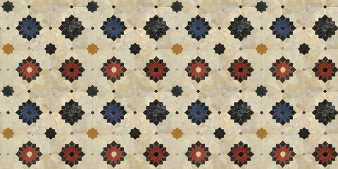 Vintage ornate tile pattern with star motifs in various colors