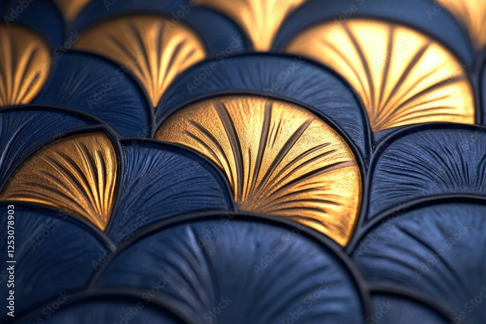 Poster intricate gold and blue art deco pattern, overlapping fan-like shapes create a luxurious texture.