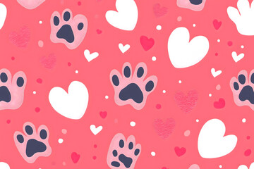 Cute Patterned Background with Paw Prints and Hearts