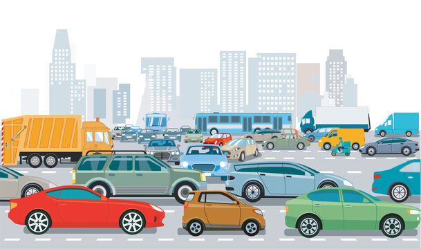 Stadtsilhouette einer Stadt im Verkehrsstau, illustration-.eps