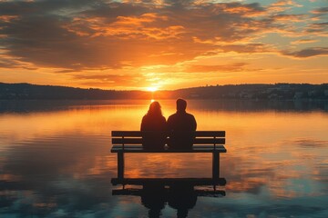 Obraz premium Silhouetted couple sits on a bench by a lake, watching a breathtaking sunset.
