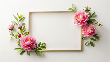 Minimalist Gold Floral Border with Pink Flowers & Green Leaves on White Background - Elegant Stock Photo
