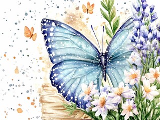 Butterfly watercolor art beautiful creative concept. A beautiful blue butterfly surrounded by colorful flowers and butterflies in a serene setting.
