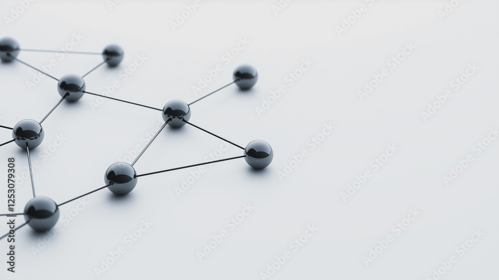 Poster network connection: abstract image of interconnected dark spheres representing a network, symbolizin